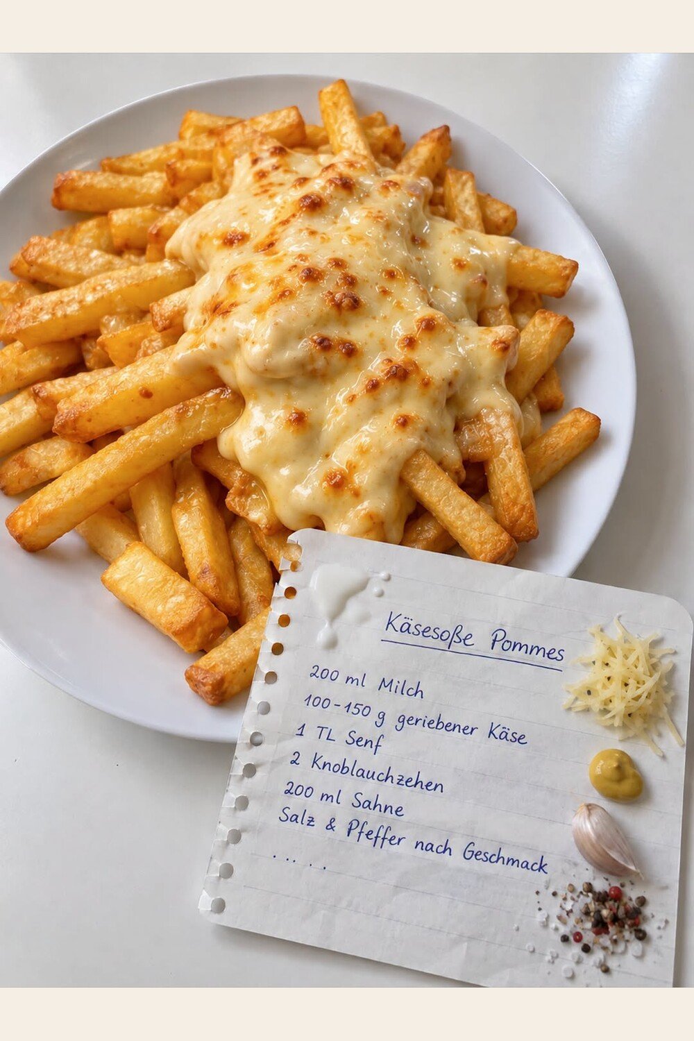 Pommes mit cremiger Käsesoße und überbackener Oberfläche