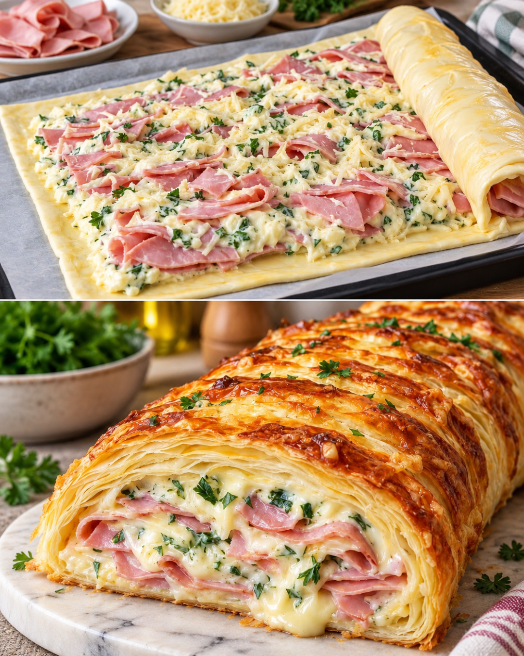 Blätterteigstrudel mit Schinken, Käse und cremiger Füllung