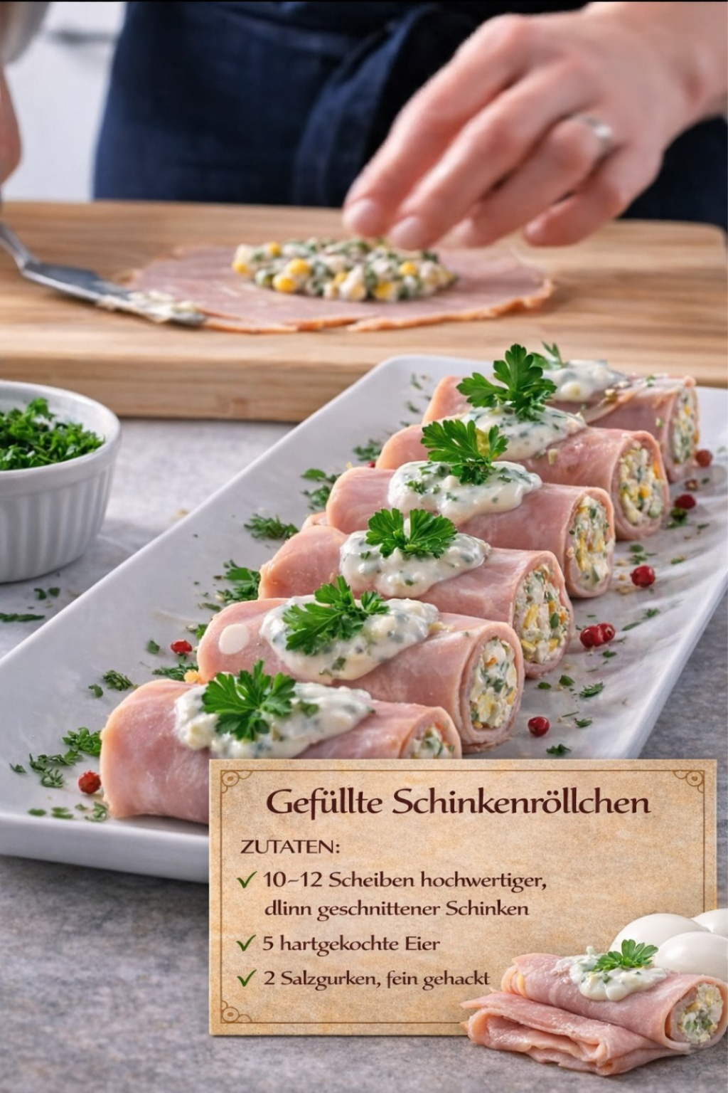 Schinkenröllchen mit Ei-Füllung: Der Klassiker für jedes Buffet