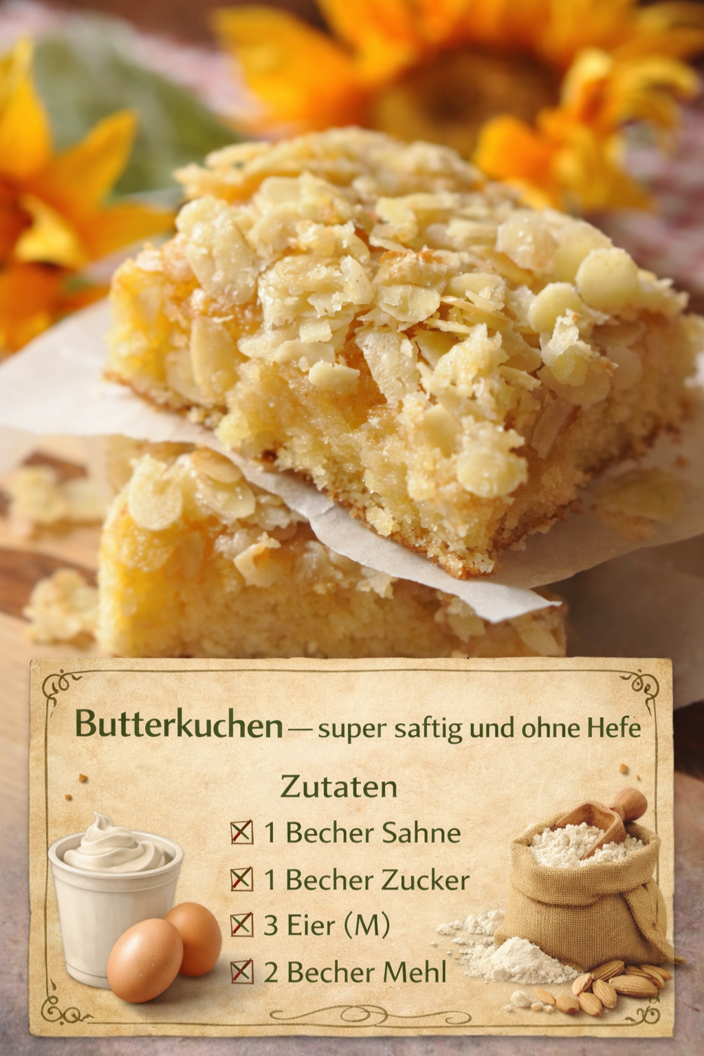 Saftiger Butterkuchen ohne Hefe: Blitzschnelles Becher-Rezept