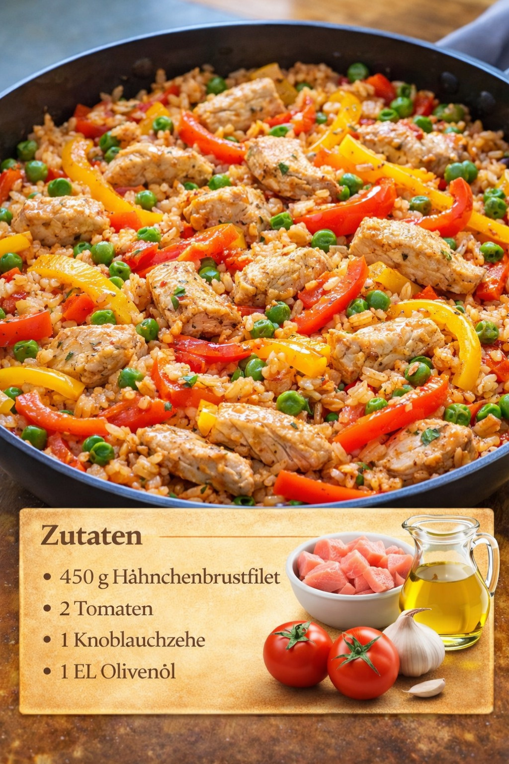 Paprika Reispfanne mit Hähnchen in 20 Minuten!