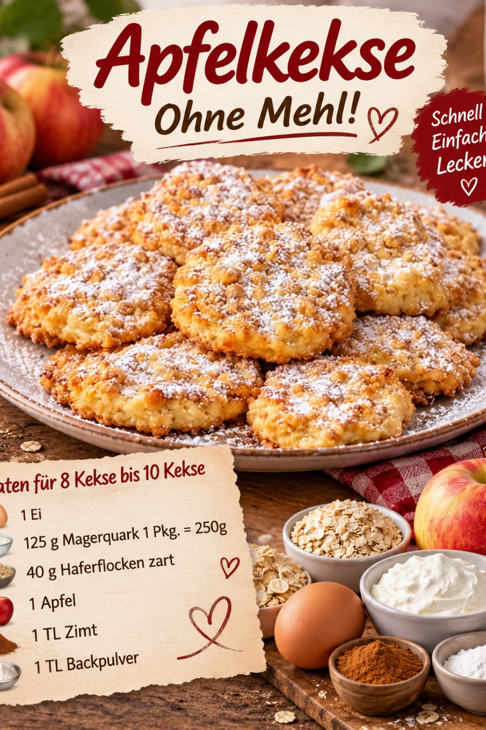 Apfelkekse ohne Mehl mit Quark, Haferflocken und Apfel
