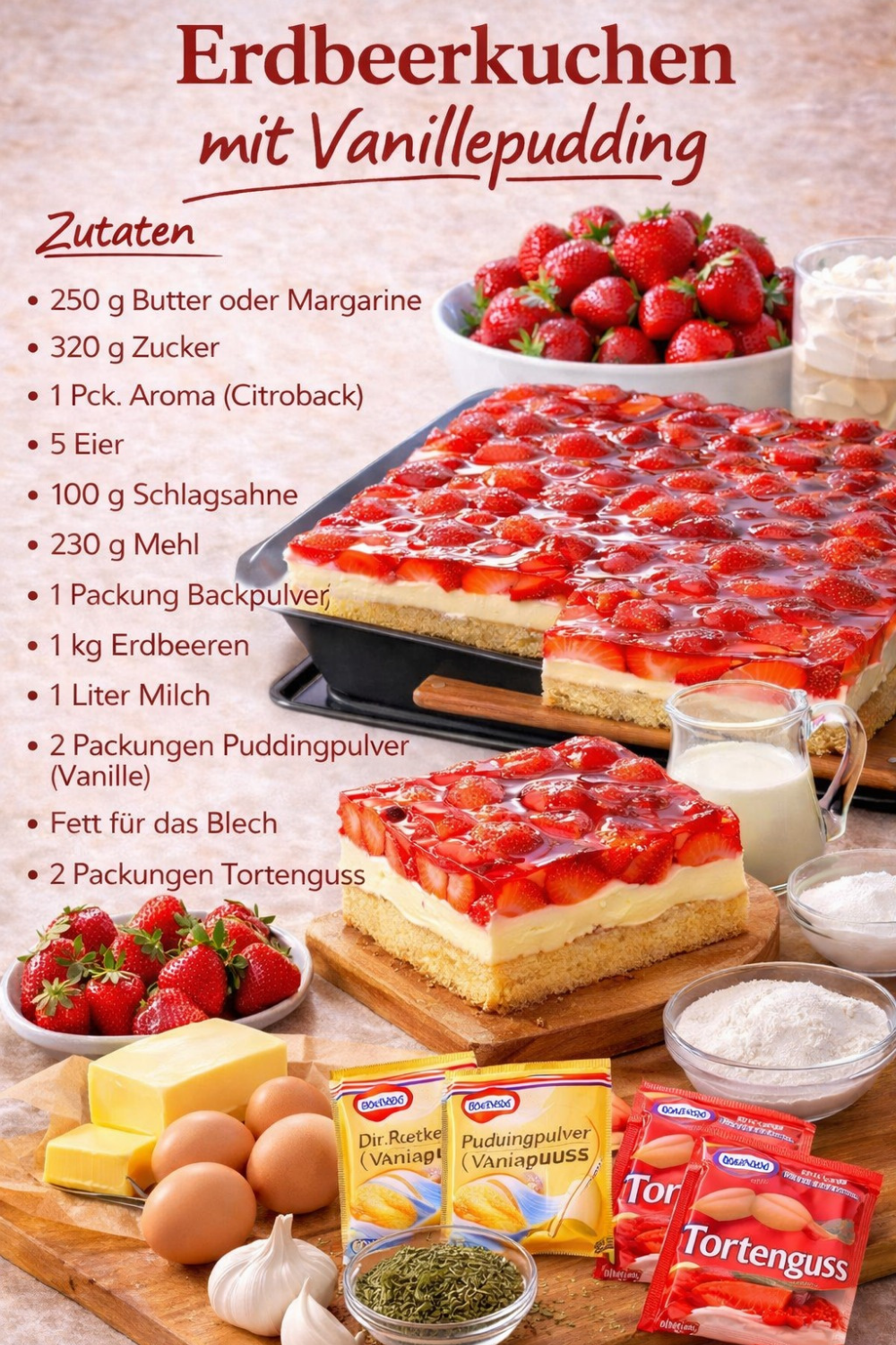 Ultimativer Erdbeerkuchen mit Vanillepudding vom Blech