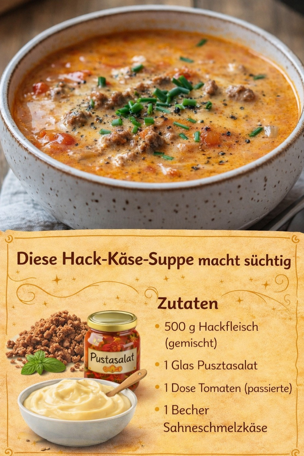 Cremige Hack-Käse-Suppe mit Pusztasalat: Der Party-Klassiker