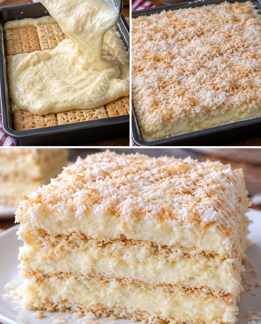 Kokoskuchen mit drei Butterkeksschichten, heller Puddingcreme und Kokosraspeln, darüber die Zubereitung in einer rechteckigen Form