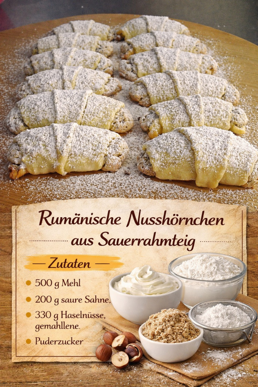 Rumänische Nusshörnchen (Cornulețe): Zarter Sauerrahmteig