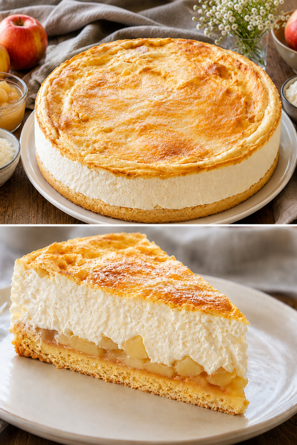 Eine geschichtete Apfel-Mascarpone-Torte auf einem Tortenteller, mit einer glatten Creme-Oberfläche und einem feinen Glanz durch Apfelgelee.