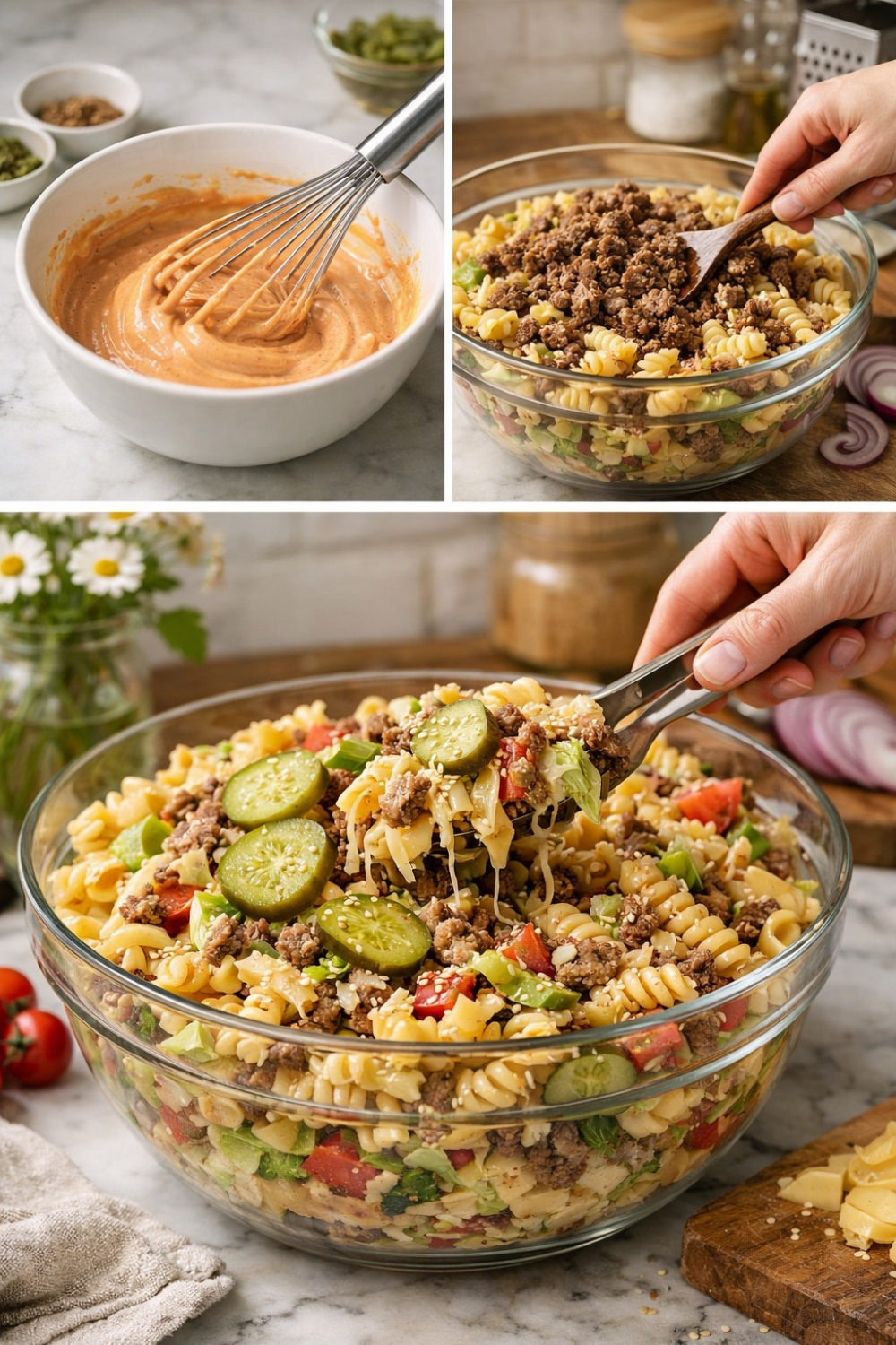 Ein großer Nudelsalat in einer Schüssel, bestreut mit Sesam, mit sichtbarem Rinderhack, Käse, Gurken und frischem Eisbergsalat.