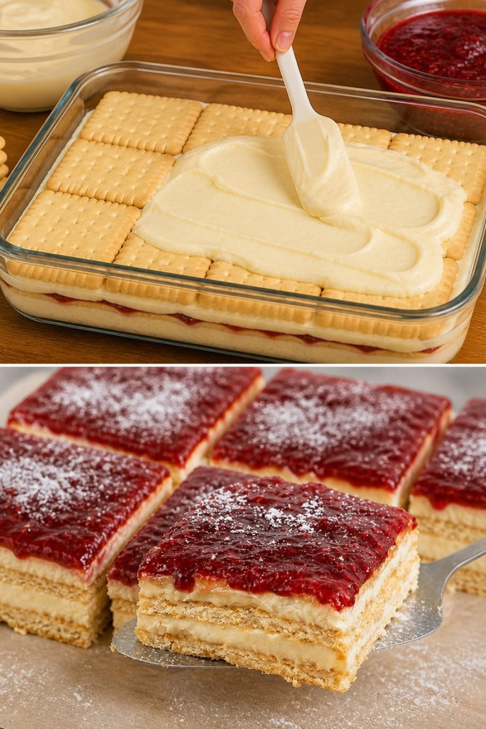 Mehrschichtiger Kekskuchen mit gelber Vanillepudding-Füllung und einer leuchtend roten Johannisbeer-Glasur auf einem Teller serviert.
