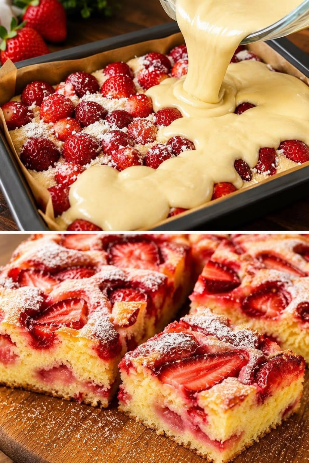Ein luftig gebackener Blechkuchen mit versunkenen, saftigen Erdbeeren, fein mit Puderzucker bestäubt.