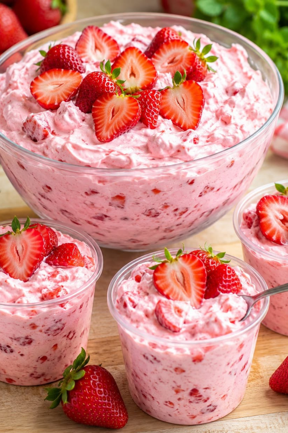Eine cremige Erdbeer-Mascarpone-Speise in einer Glasschüssel, garniert mit frischen Erdbeerscheiben und Minze.