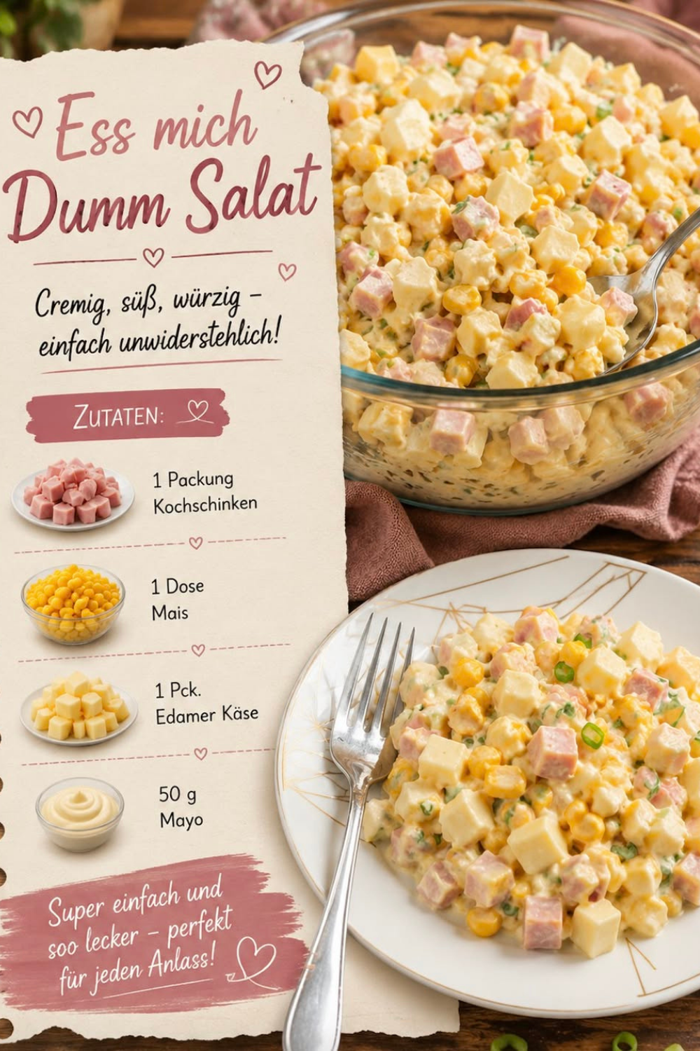 Ein cremiger Schinken-Käse-Mais-Salat mit viel frischem Schnittlauch in einer weißen Schüssel auf einem hölzernen Gartentisch.