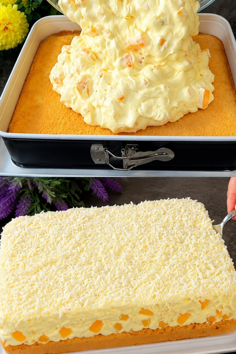 Ein saftiger Blechkuchen mit einer dicken, cremigen Vanille-Schicht, verziert mit Kokosraspeln und bereit zum Servieren.