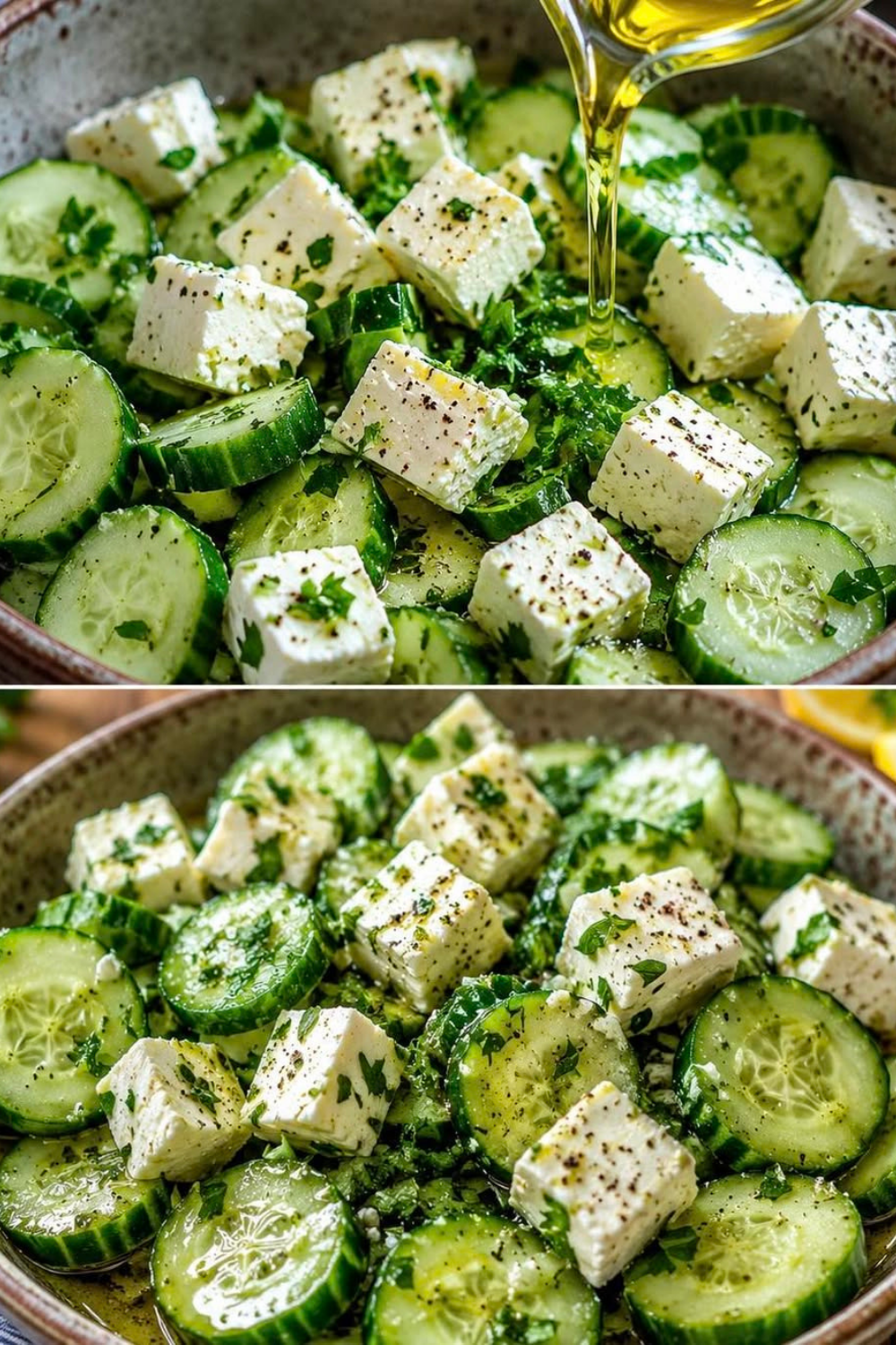 Ein frischer Gurken-Feta-Salat in einer Glasschüssel mit leuchtend grünen Gurkenscheiben, weißen Fetawürfeln und fein gehackter Petersilie.