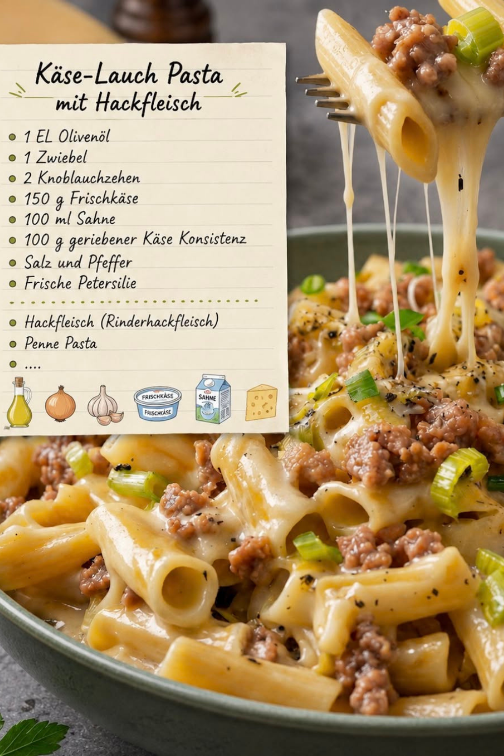 Eine Pfanne mit dampfender Käse-Lauch-Pasta, vermengt mit gebratenem Hackfleisch und garniert mit frischer Petersilie.