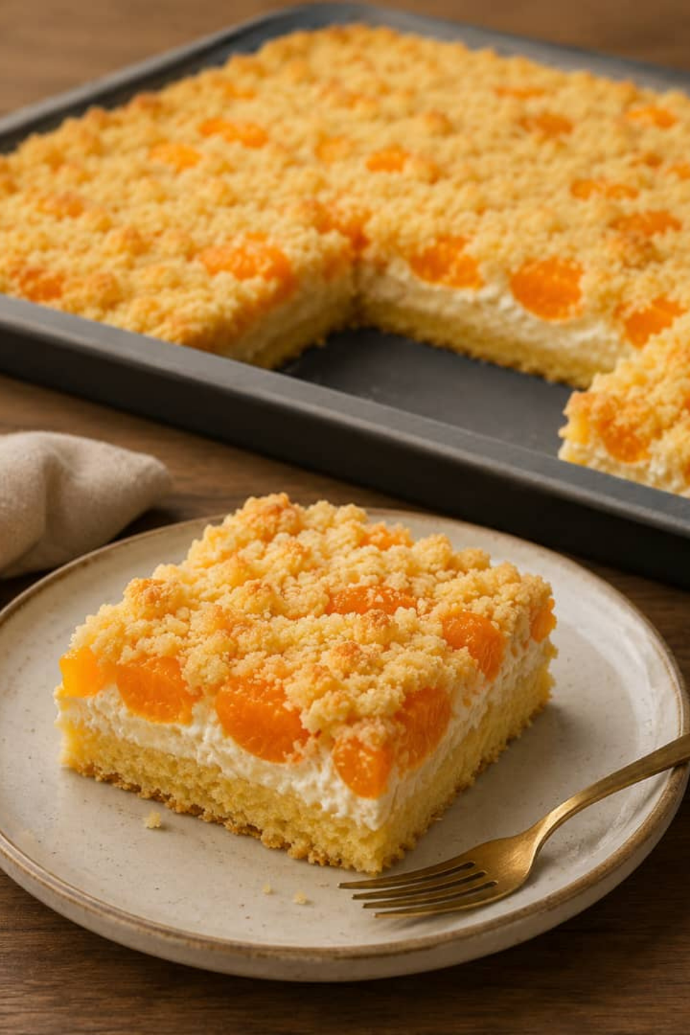 Ein großes Stück Quark-Streuselkuchen auf einem Teller, mit gut sichtbarer cremiger Füllung, versunkenen Mandarinenstücken und goldenen Butterstreuseln.