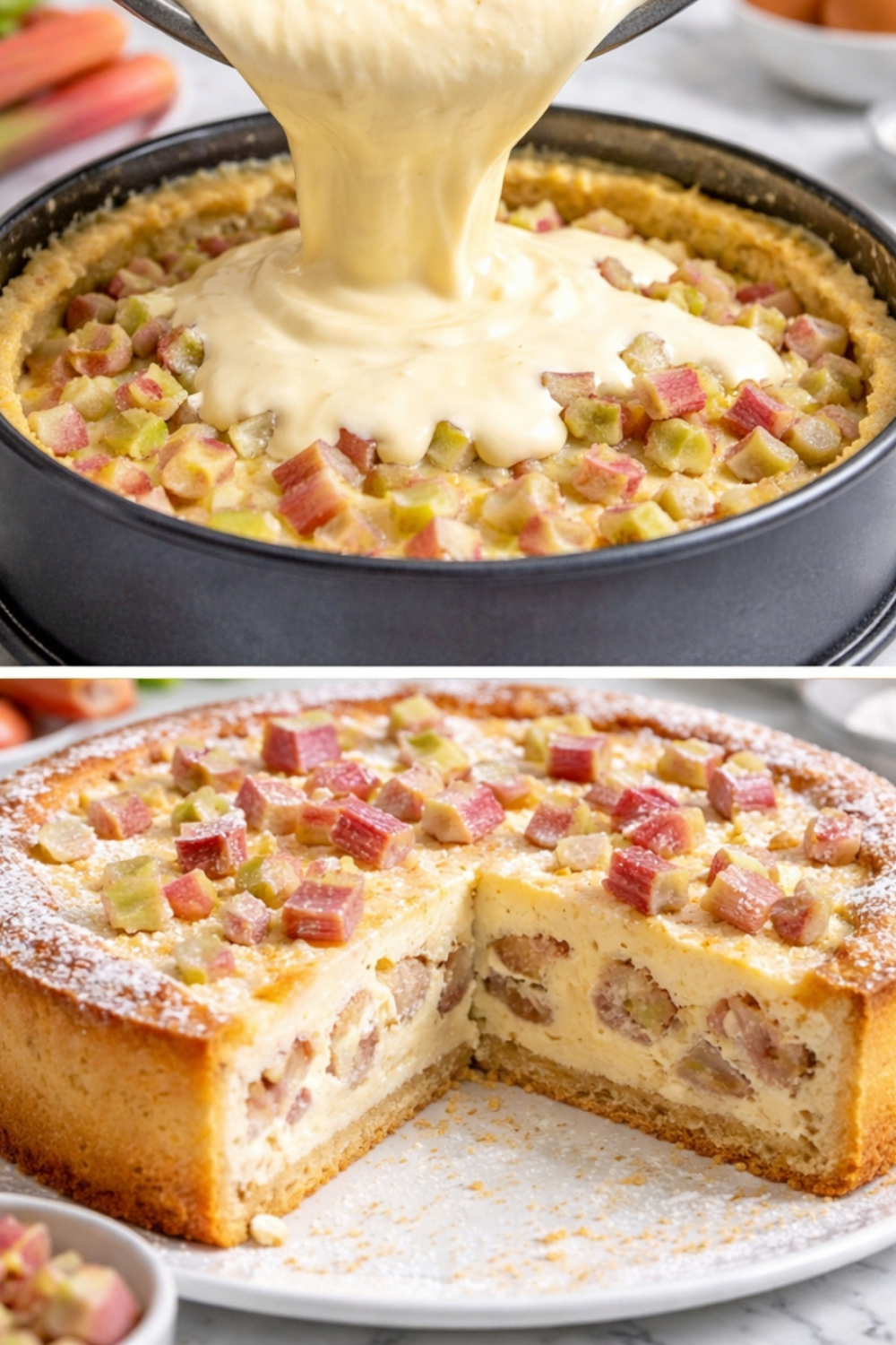 Ein Stück Rhabarberkuchen mit einer dicken, hellen Schmandcreme-Schicht und rosa Rhabarberstücken auf einem Kuchenteller.