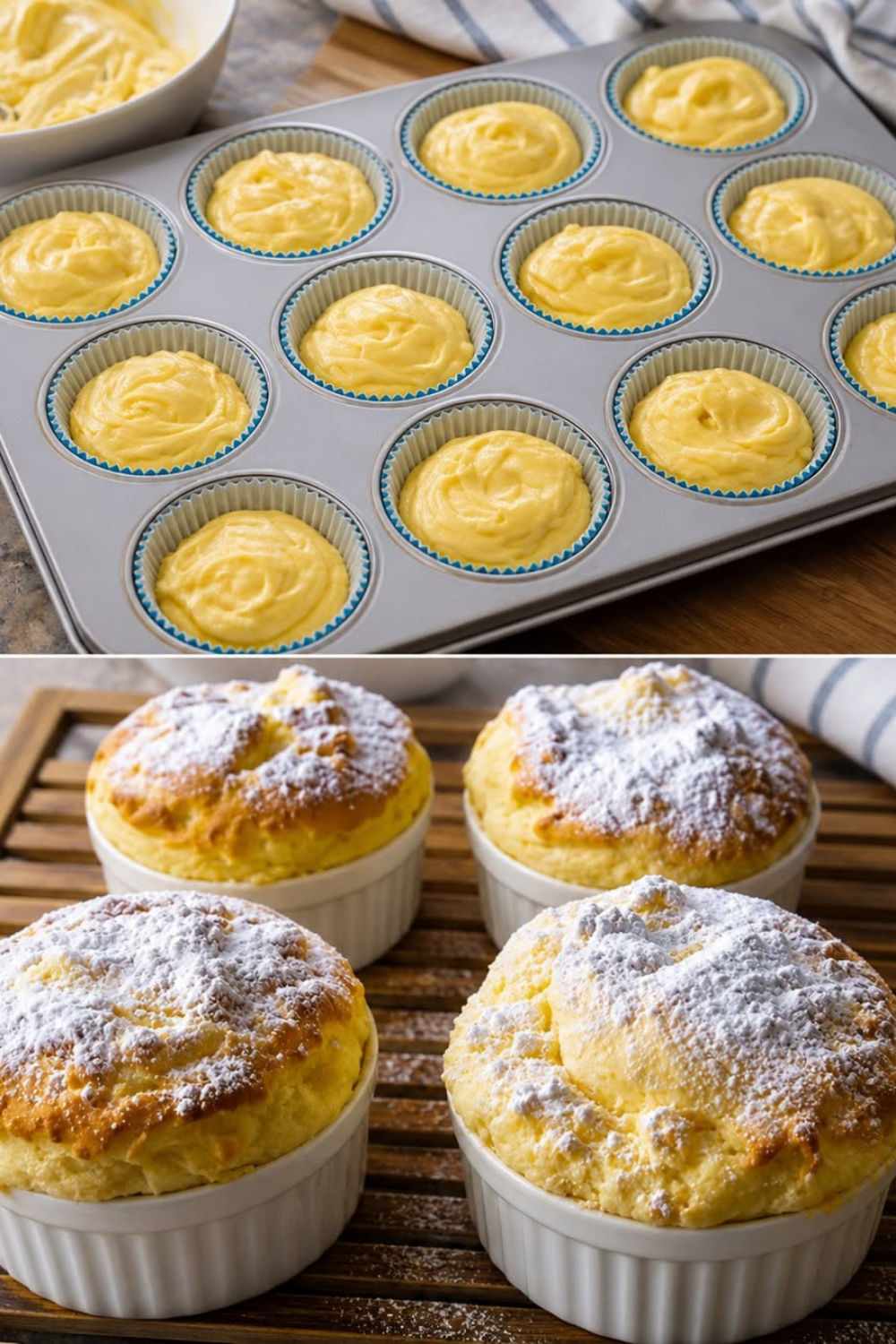Mehrere goldgelbe Quark-Muffins in einer Form, teilweise mit Puderzucker bestäubt und mit frischen Kirschen dekoriert.