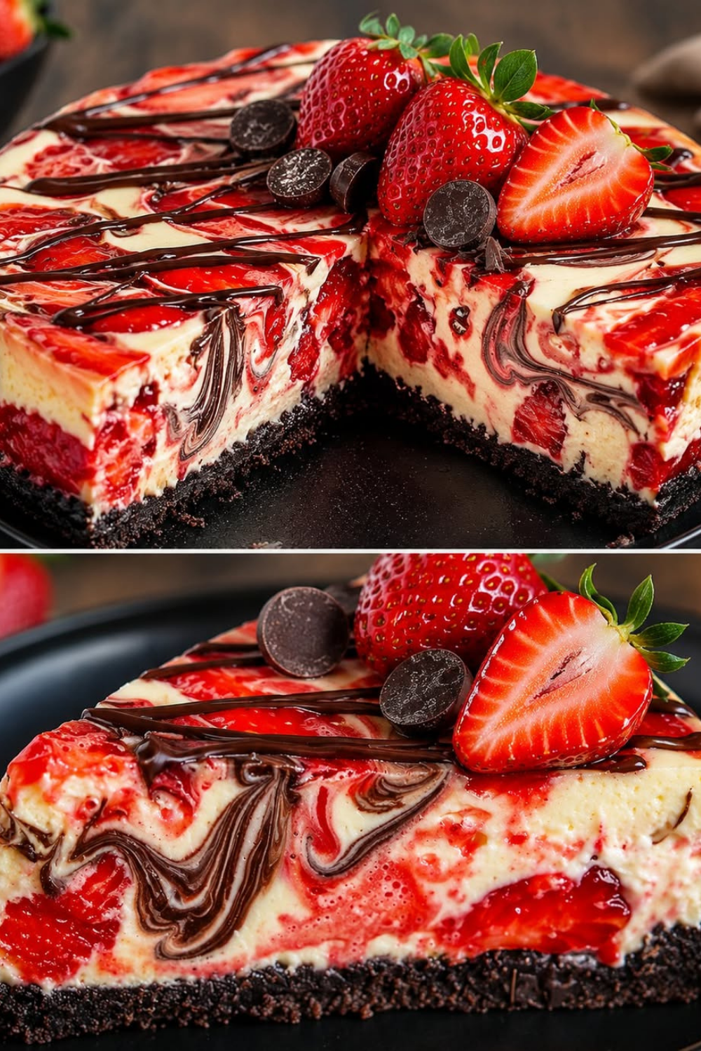 Ein angeschnittener Käsekuchen auf Schoko-Keksboden mit einer wunderschönen Erdbeer-Marmorierung, dekoriert mit frischen Erdbeeren und Schokoguss.