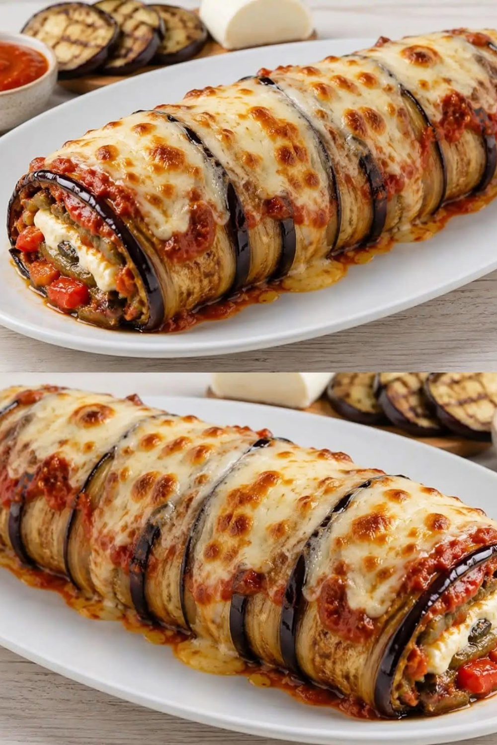 Eine goldbraun überbackene Auberginen-Rolle, gefüllt mit Hähnchenfleisch und geschmolzenem Mozzarella, serviert in einer Auflaufform mit frischen Kräutern.