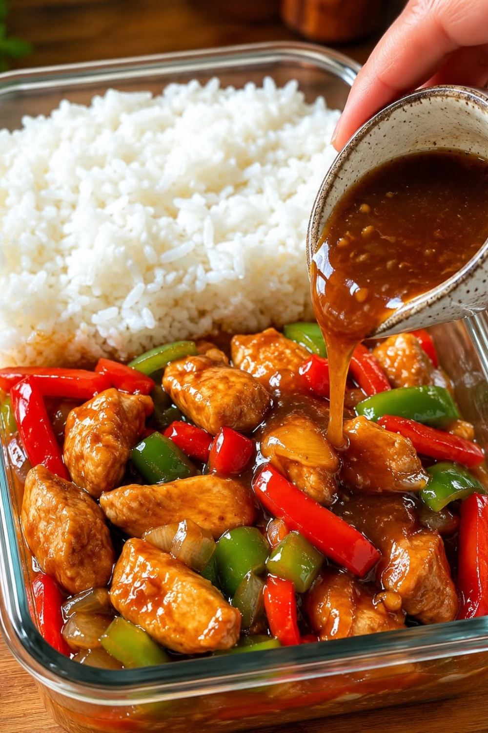 Eine dampfende asiatische Gemüsepfanne mit gebratenen Hähnchenbruststücken, roten und grünen Paprikastreifen in einer glänzenden, dunklen Sauce, serviert mit einer Schale weißem Reis.