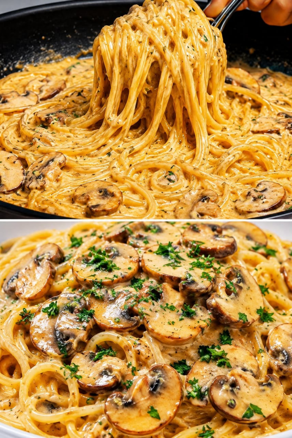 Eine große Pfanne mit cremigen Spaghetti in einer sämigen Pilz-Rahm-Sauce, reichlich Parmesan und frisch gehackter Petersilie obenauf.