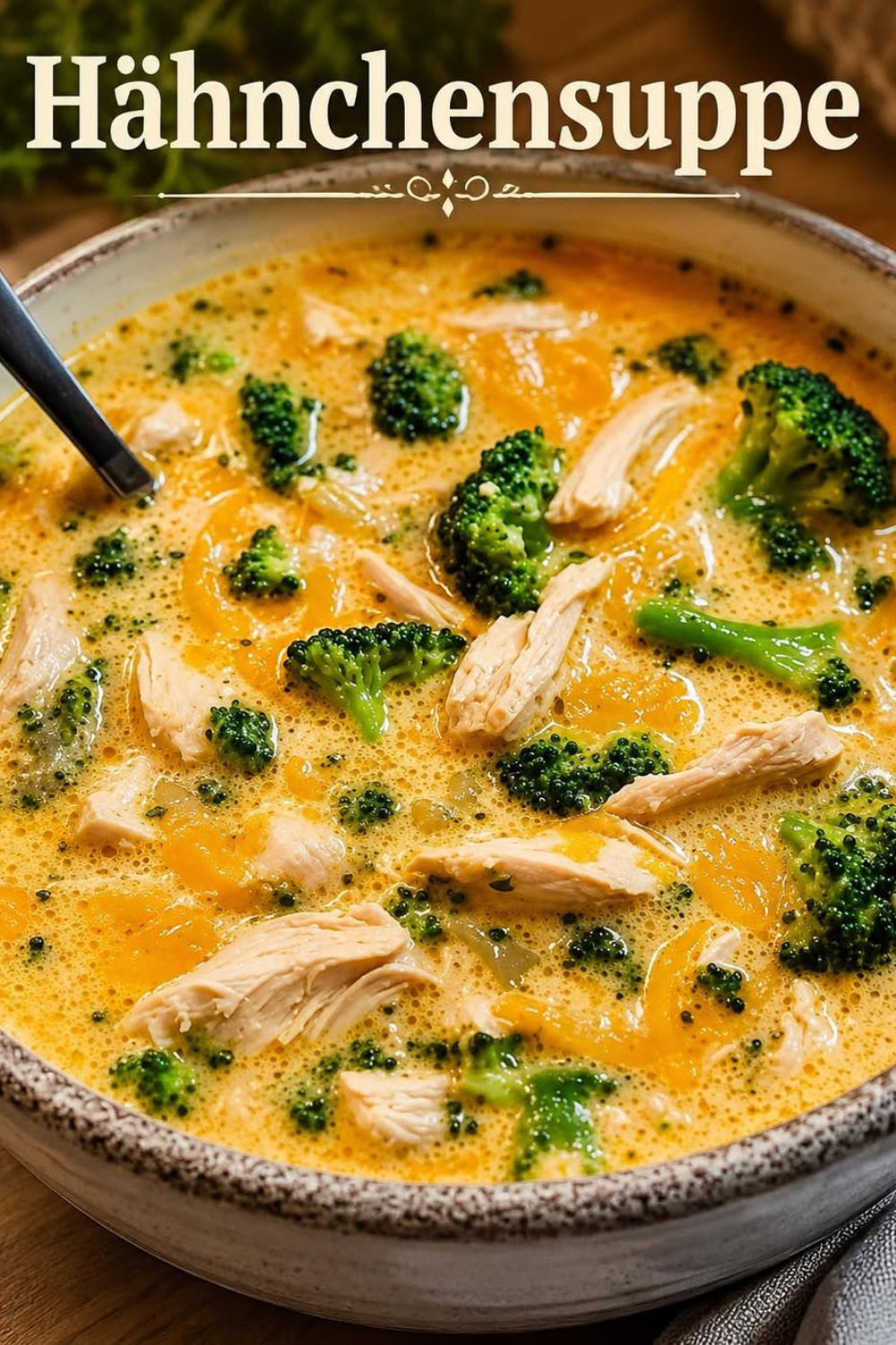 Eine dampfende, cremige Hähnchensuppe mit kleinen Brokkoliröschen und geschmolzenem Cheddar in einer rustikalen Suppenschüssel, garniert mit frischer Petersilie.
