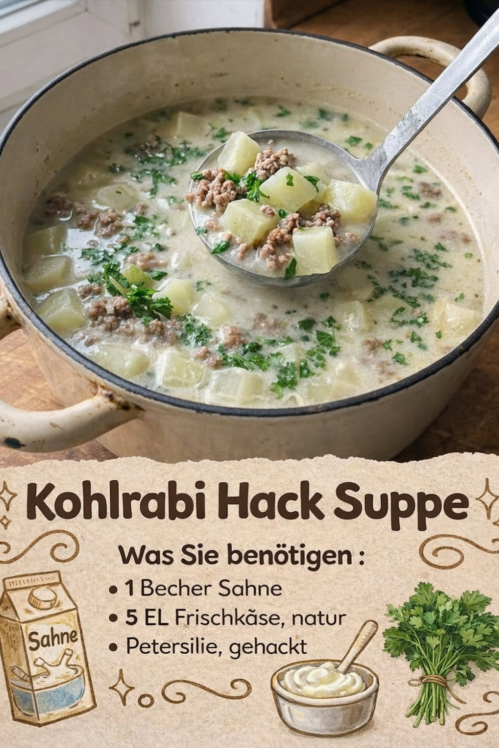 Eine dampfende, cremige Kohlrabisuppe mit Hackfleischbällchen, Möhrenscheiben und Frühlingszwiebeln in einer weißen Schüssel, garniert mit frischer Petersilie.