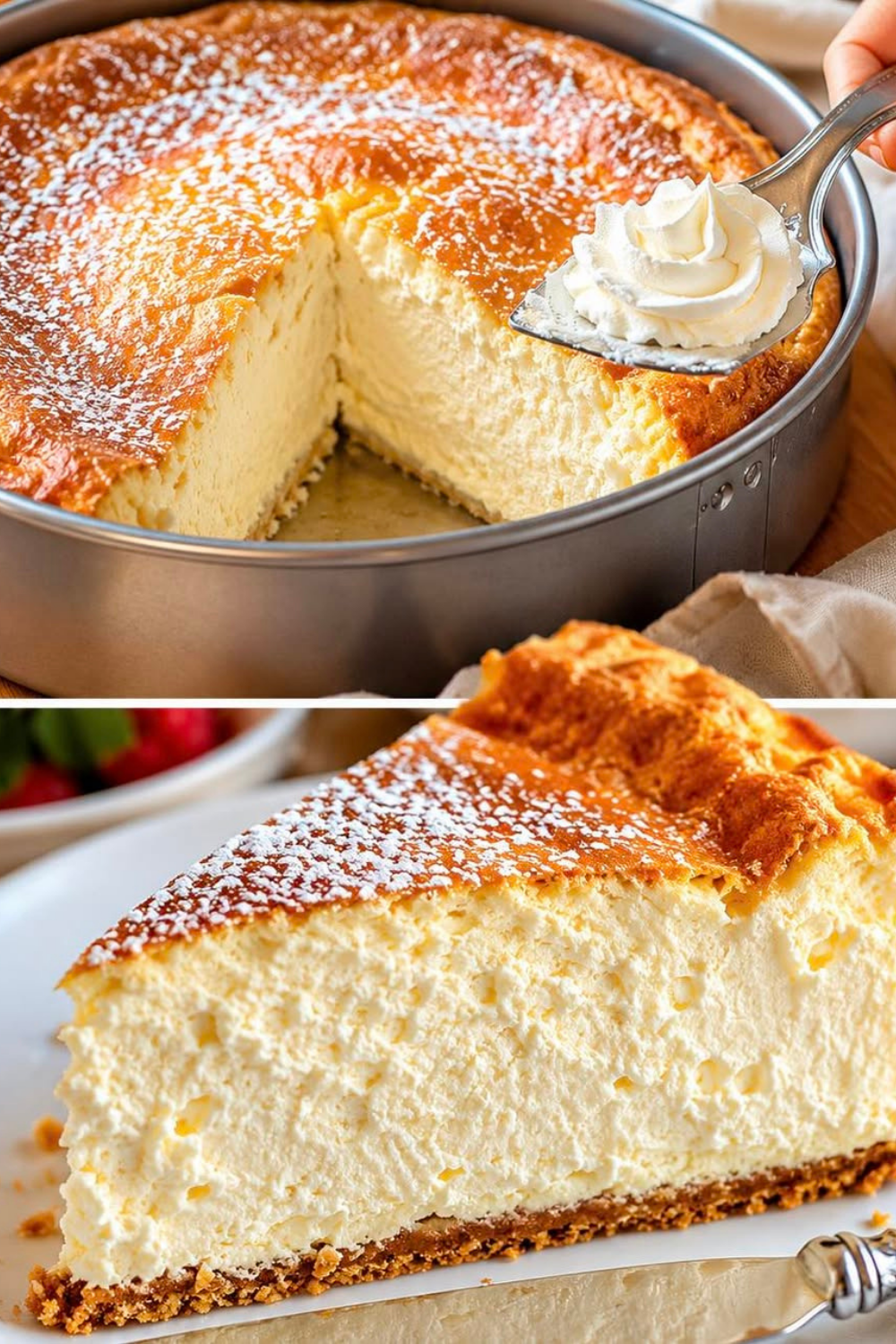 Ein perfekter, goldgelb gebackener Käsekuchen mit einer glatten Oberfläche, leicht mit Puderzucker bestäubt, serviert auf einer weißen Tortenplatte.