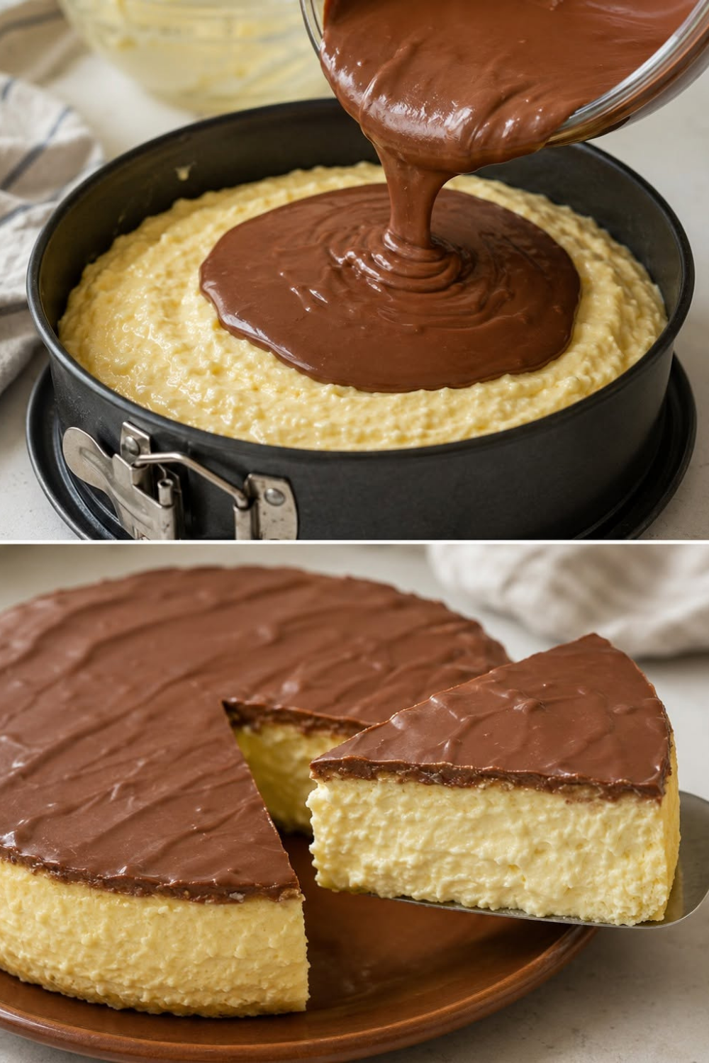 Eine angeschnittene Vogelmilch-Torte mit einer dicken, luftig-weißen Soufflé-Schicht auf dünnem Biskuitboden, überzogen mit einer glänzenden dunklen Schokoladenglasur.
