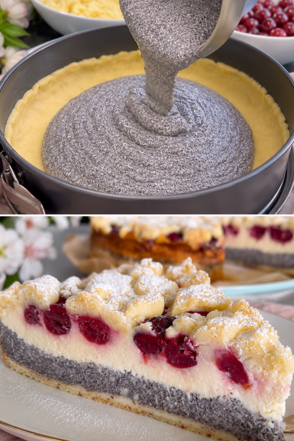 Ein Stück Mohn-Kirsch-Käsekuchen auf einem Teller mit einer sichtbaren Mohnschicht, heller Quarkmasse, roten Kirschen und knusprigen Streuseln, leicht mit Puderzucker bestäubt.