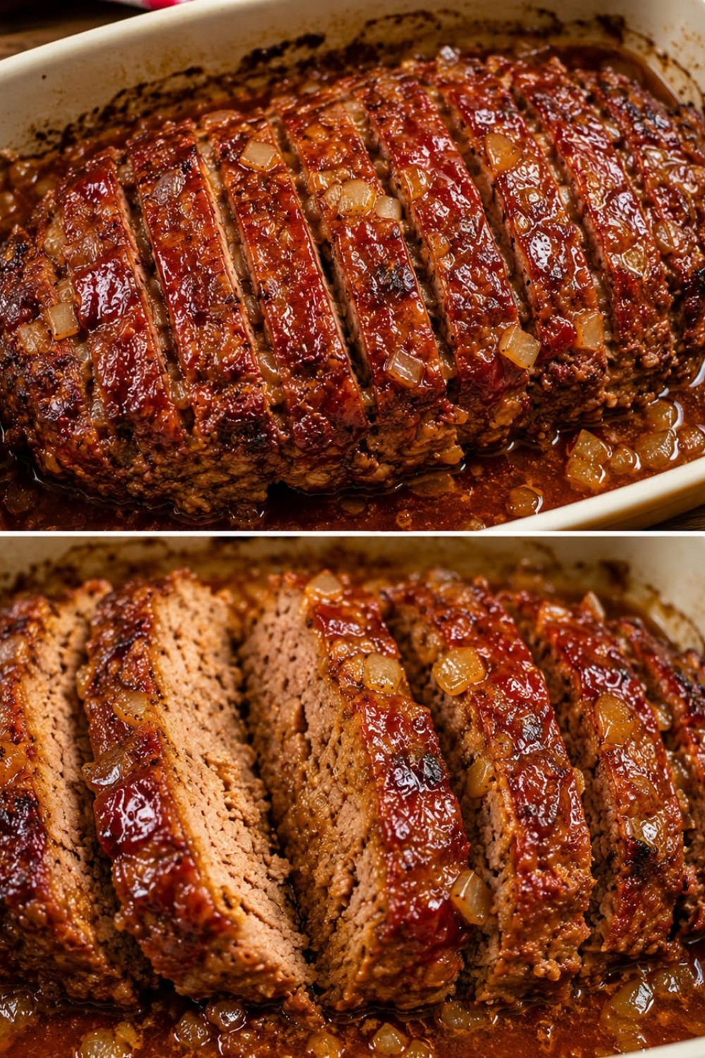 Ein saftiger, in Scheiben geschnittener Räuberbraten aus Schweinekamm in einer dunklen, sämigen Zwiebel-Senf-Sauce in einem gusseisernen Bräter.