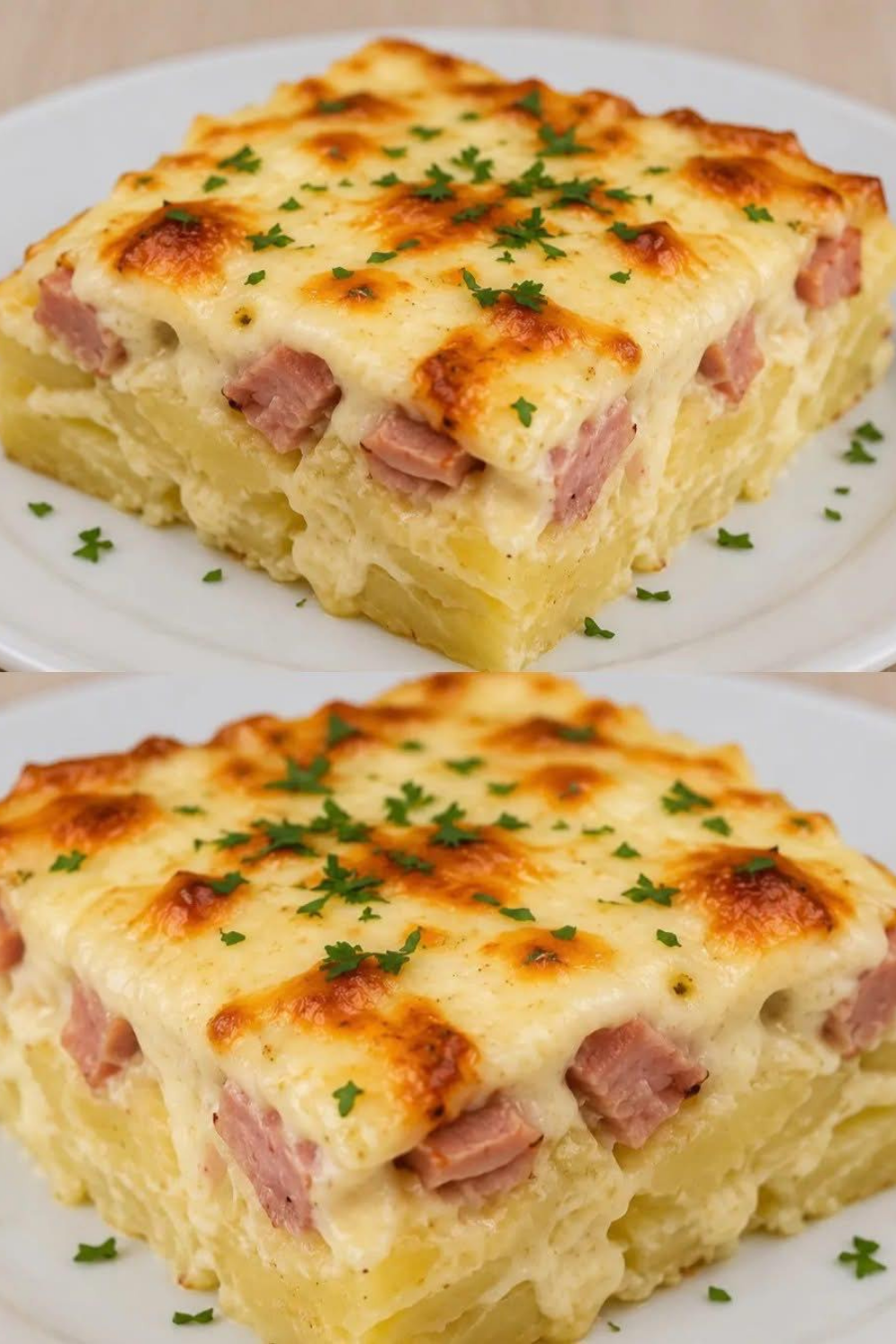 Ein goldbraun überbackener Kartoffel-Auflauf mit knusprigen Speckwürfeln und geschmolzenem Käse in einer Auflaufform, frisch aus dem Ofen.