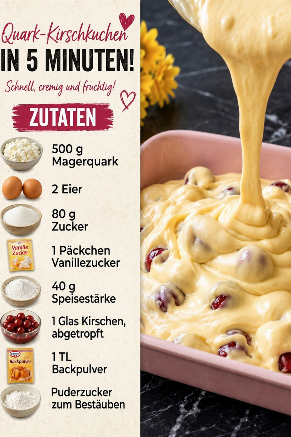 Ein saftiges Stück Quark-Kirschkuchen ohne Boden auf einem Kuchenteller, reichlich mit Puderzucker bestäubt und mit frischen Kirschen dekoriert.