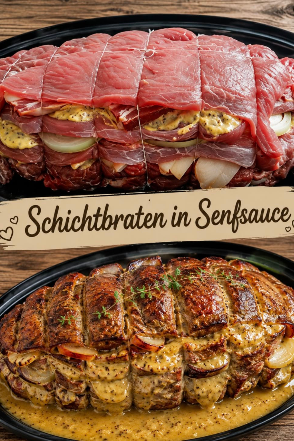 Ein saftig geschmorter Rouladen-Schichtbraten in Scheiben geschnitten, angerichtet in einer tiefen, sämigen Senf-Rotweinsauce in einem gusseisernen Bräter.