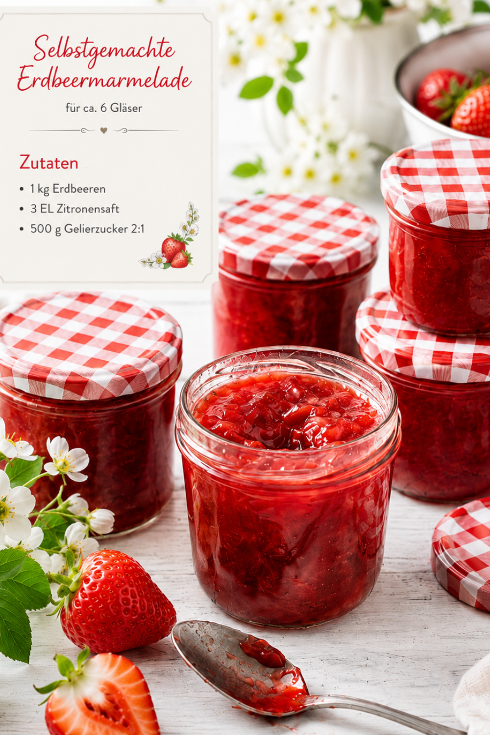 Mehrere dekorative Einmachgläser gefüllt mit leuchtend roter, selbstgemachter Erdbeermarmelade, daneben liegen frische Erdbeeren auf einem Holztisch.