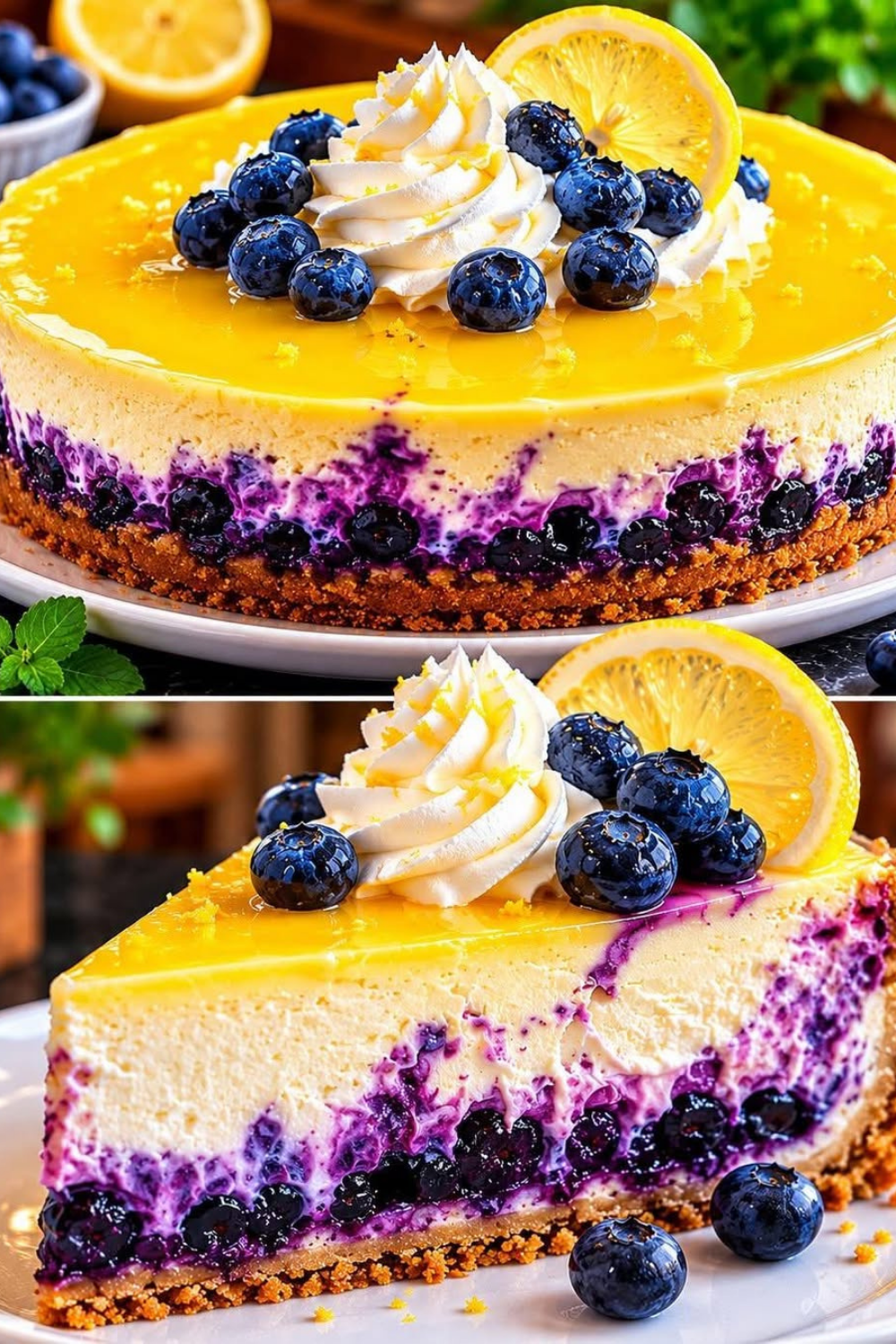 Ein angeschnittener No-Bake Zitronen-Käsekuchen mit einem leuchtend gelben Zitronenspiegel, frischen Heidelbeeren im Inneren und einer Deko aus Zitronenscheiben auf einer Tortenplatte.