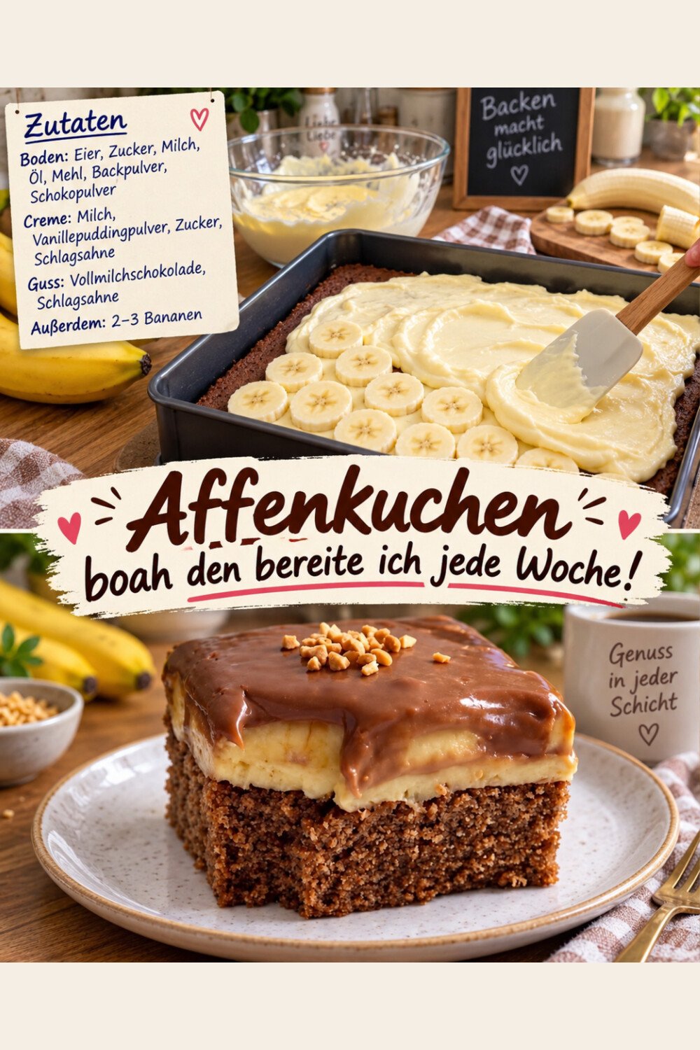Bananenkuchen mit Schokoboden, Vanillepuddingcreme und Vollmilchschokoladenguss