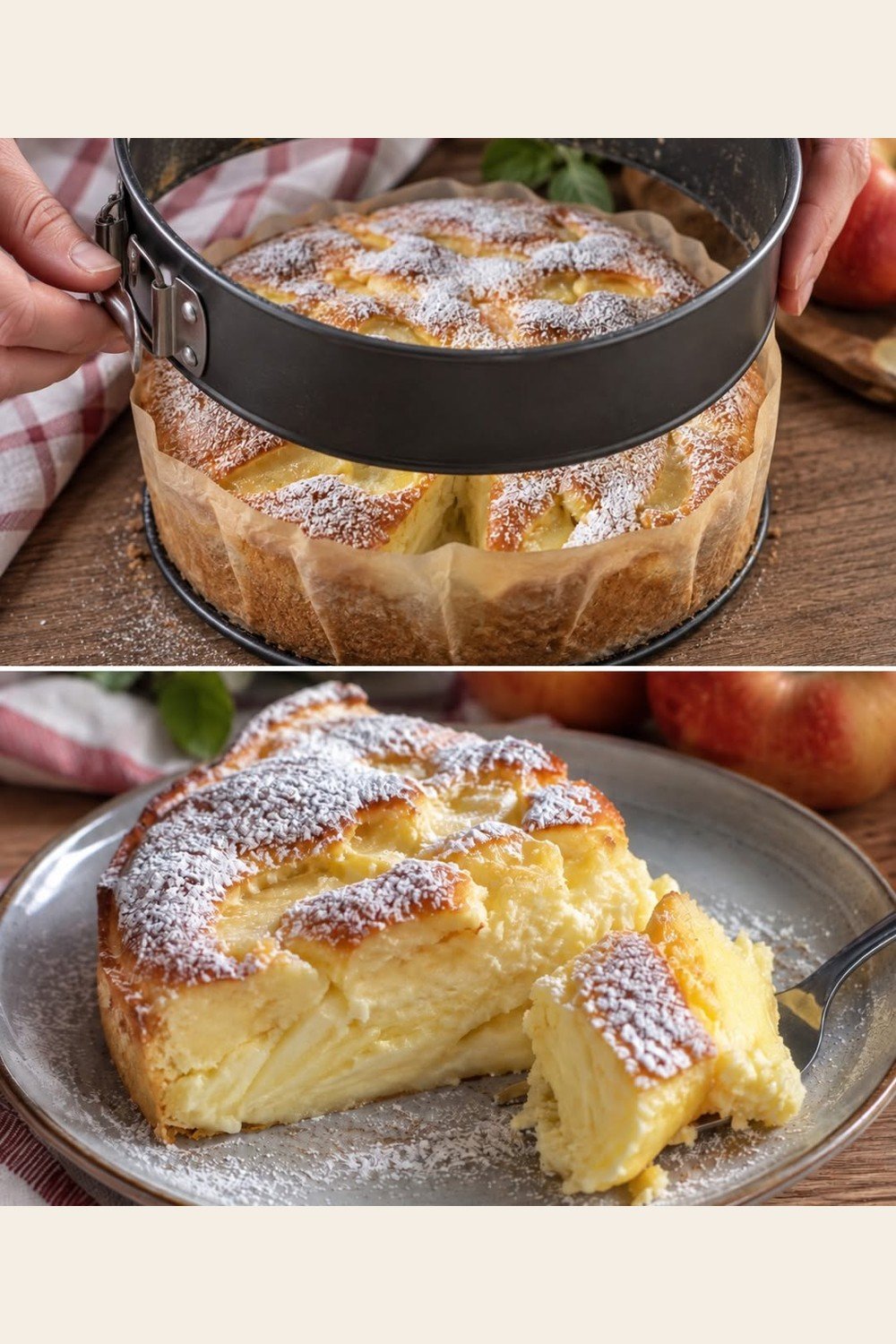 Apfel-Puddingkuchen mit feinen Apfelschichten, als ganzer Kuchen und angeschnitten auf einem Teller.
