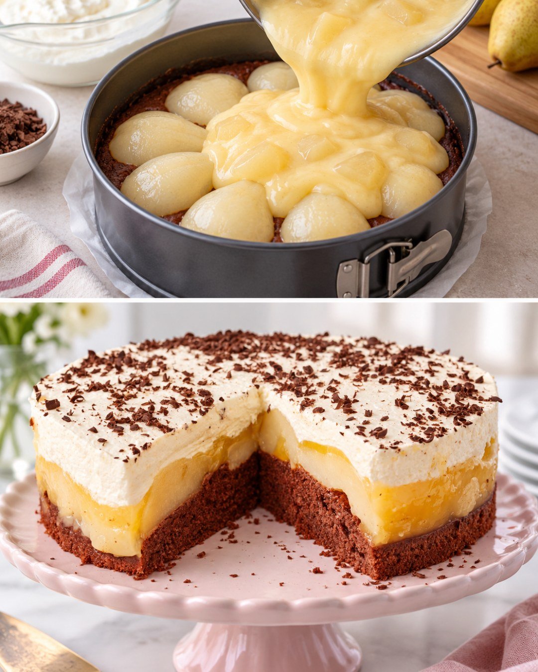 Angeschnittene Birnentorte mit Schokoboden, Birnen-Pudding-Schicht, Sahne und Schokoladenraspeln.