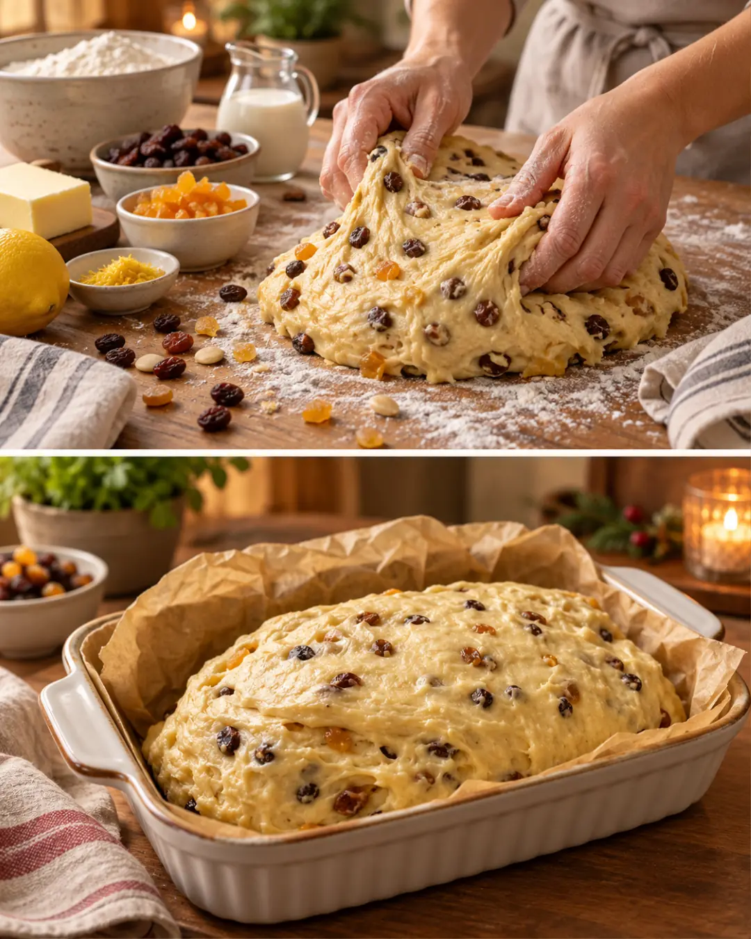 Butterstollen mit Rosinen und Mandeln bei der Zubereitung und fertig gebacken