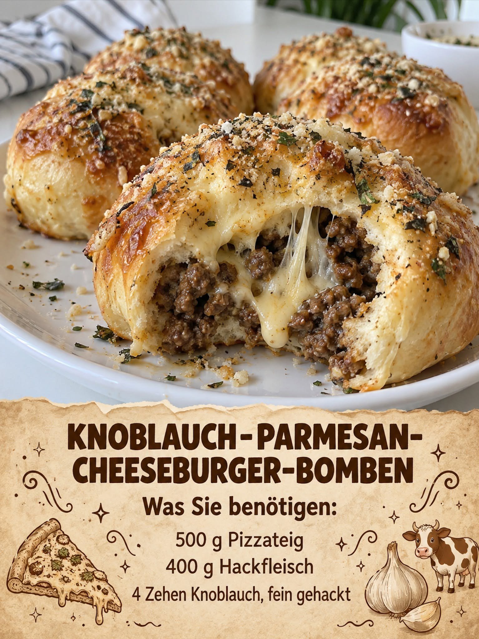Aufgeschnittene Pizzateig-Bällchen mit Hackfleisch und Mozzarella
