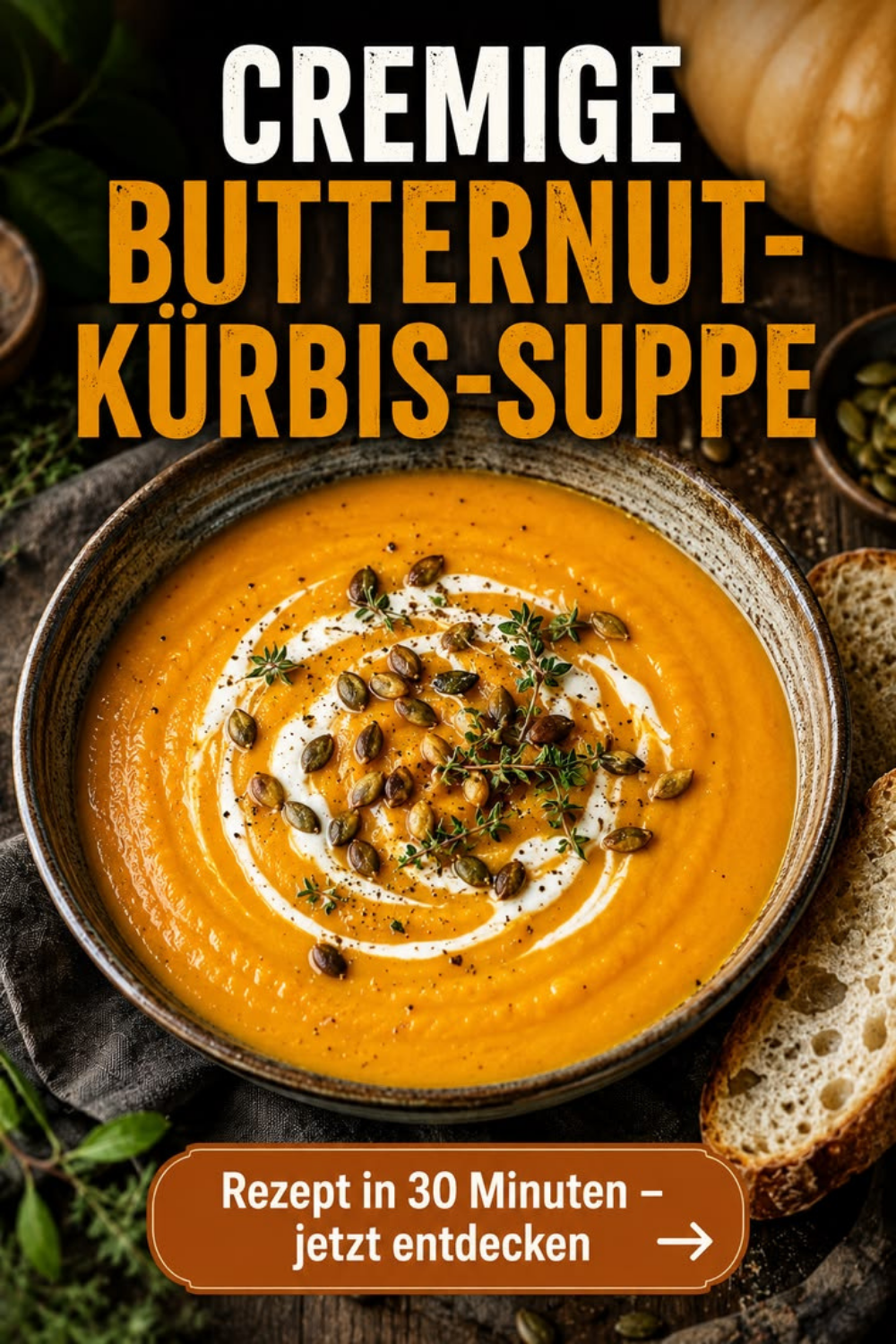 Cremige Butternut-Kürbis-Suppe mit Kürbiskernen und Kräutern