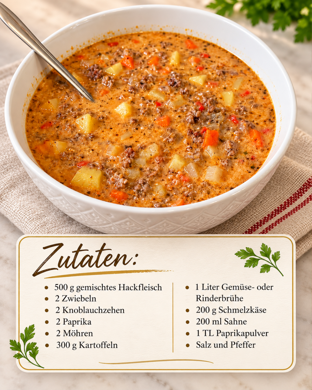 Friss-dich-dumm-Suppe mit Hackfleisch, Kartoffeln, Paprika und Schmelzkäse in einer weißen Schüssel mit Zutatenkarte