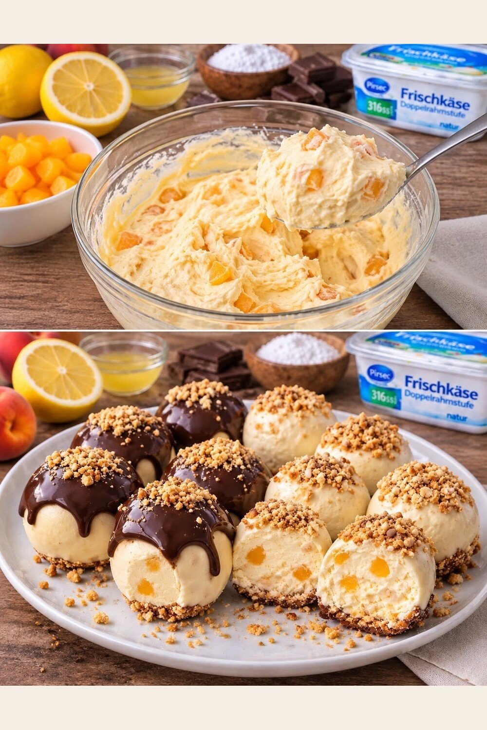 Frischkäse-Kugeln mit Pfirsichstücken, Keksbröseln und Schokolade