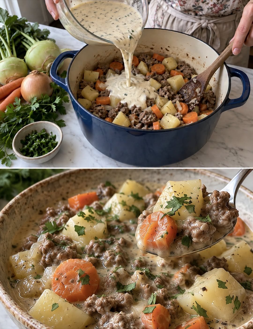 Zubereitung und servierter Kohlrabi-Hackfleisch-Topf mit Möhren und Sahnesoße