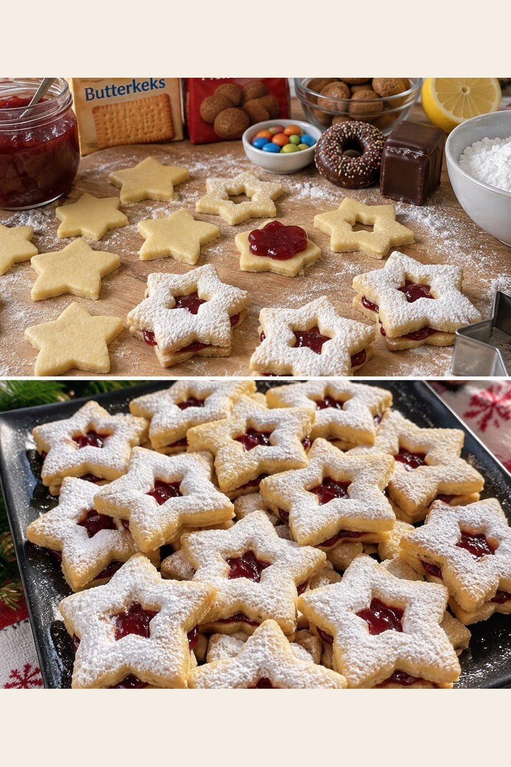 Linzer Sterne mit Marmeladenfüllung und Puderzucker auf einem Blech.