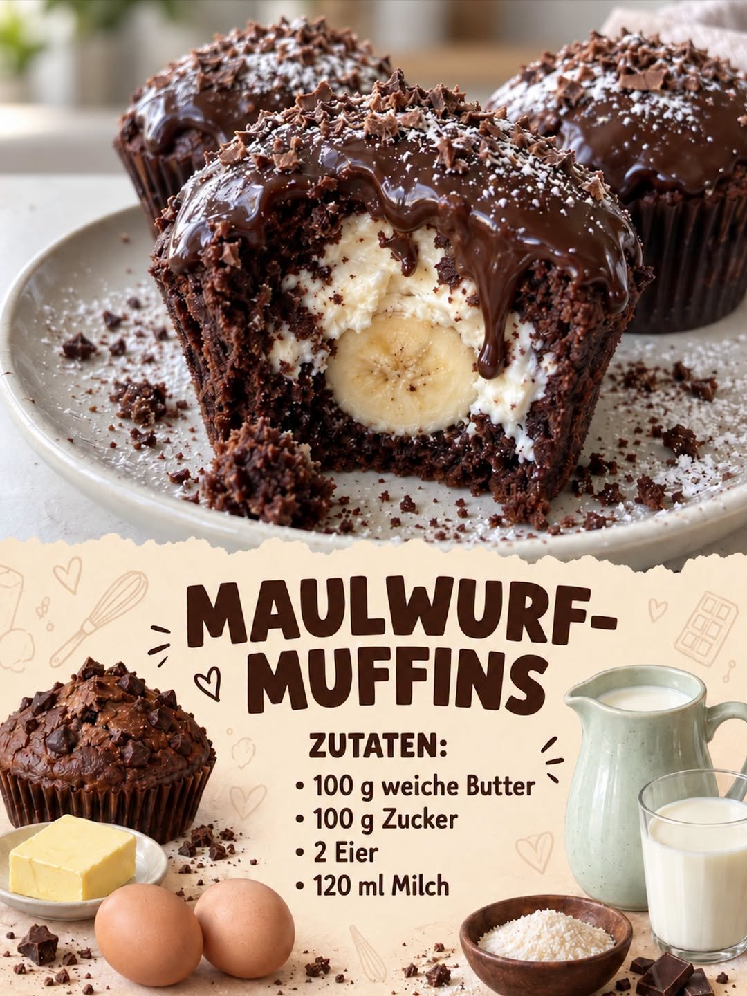 Maulwurf-Muffins mit Banane, Sahne und Schokolade