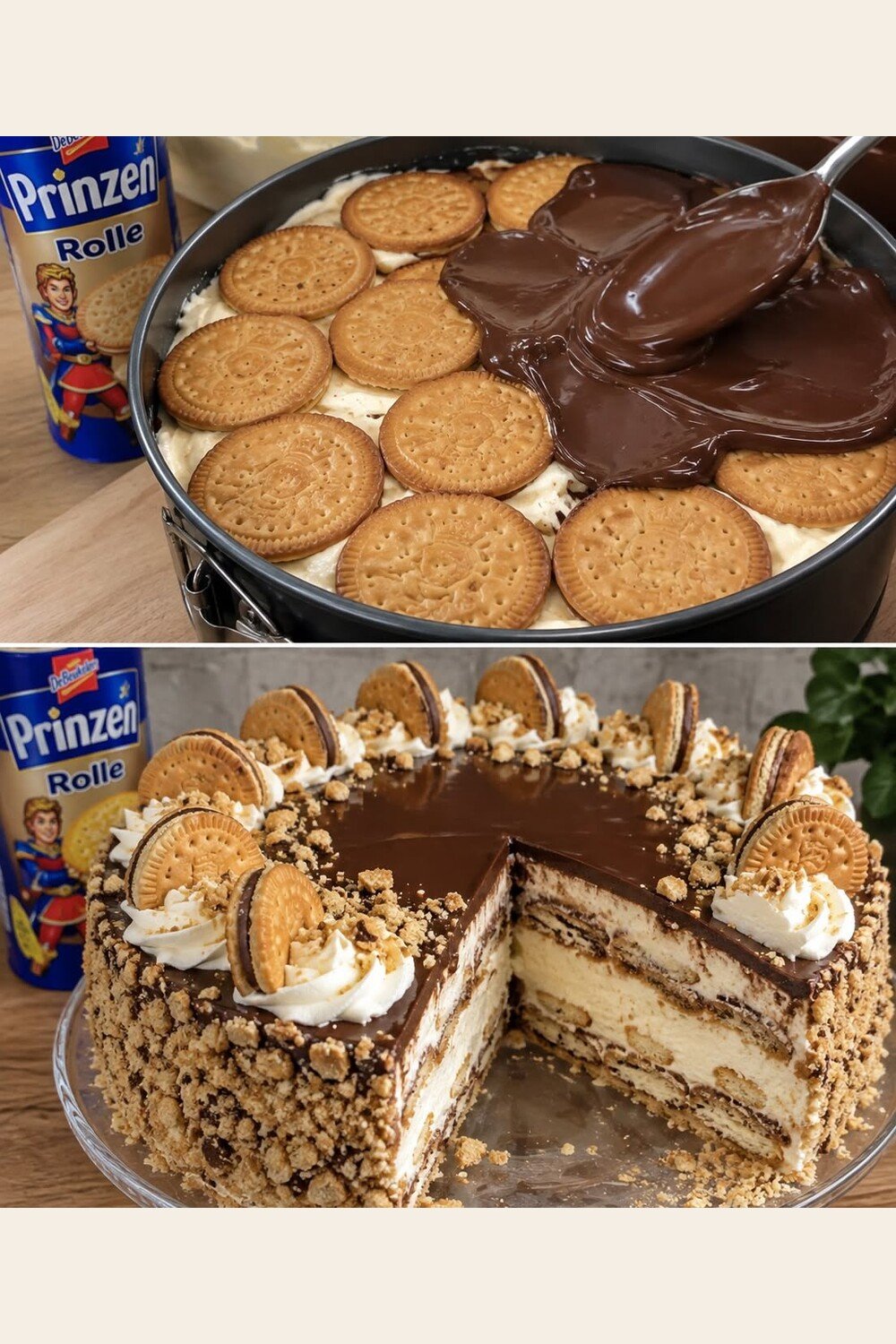 Angeschnittene Prinzenrolle-Torte mit Keksschichten, heller Creme und Schokoguss
