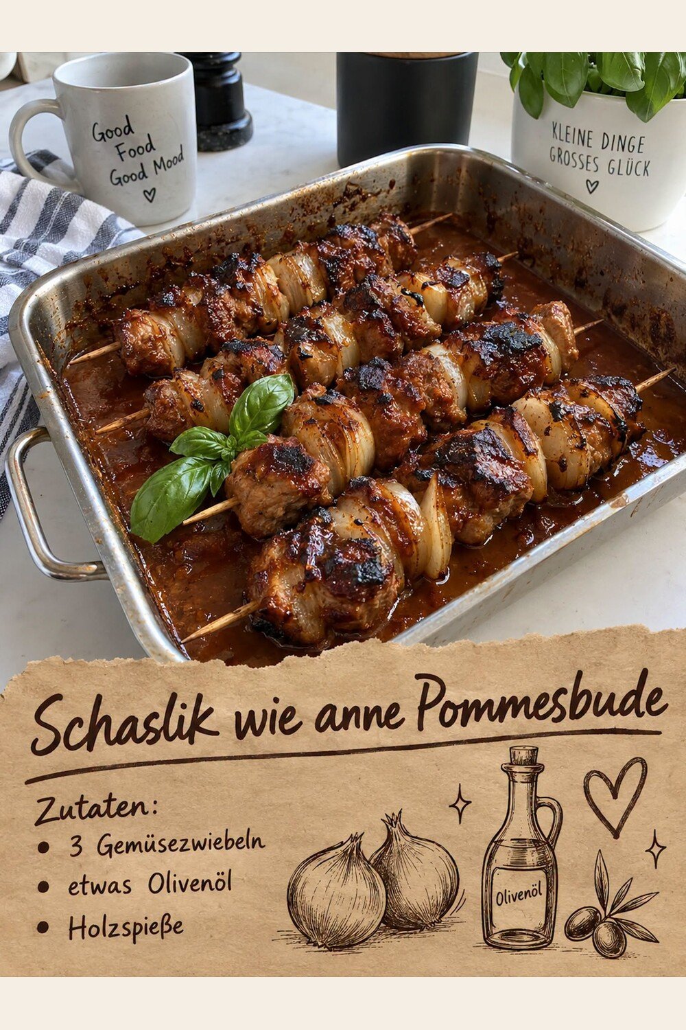 Fleischspieße mit Schweinenacken und Zwiebeln in Schaschliksoße
